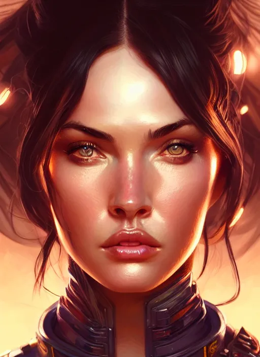 Image similar to portrait of apex legends megan fox, intricate, elegant, glowing lights, highly detailed, digital painting, artstation, glamor pose, concept art, smooth, sharp focus, illustration, art by artgerm and greg rutkowski, artey freytag