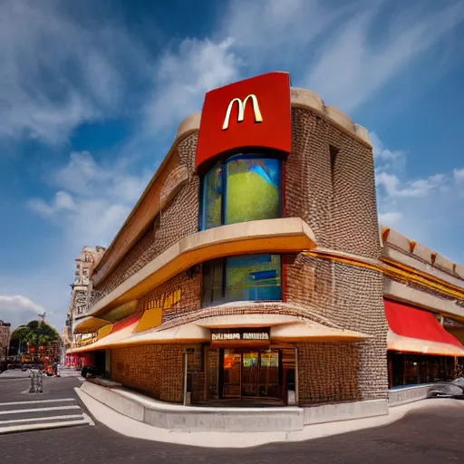 Prompt: High-quality photography of a McDonald's designed by Antoni Gaudi, award-winning architecture photography, Canon TS-E 17 mm