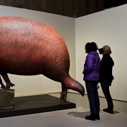 Prompt: visitors in museum amazed by the sculpture of a winged pig, 9 0 - s