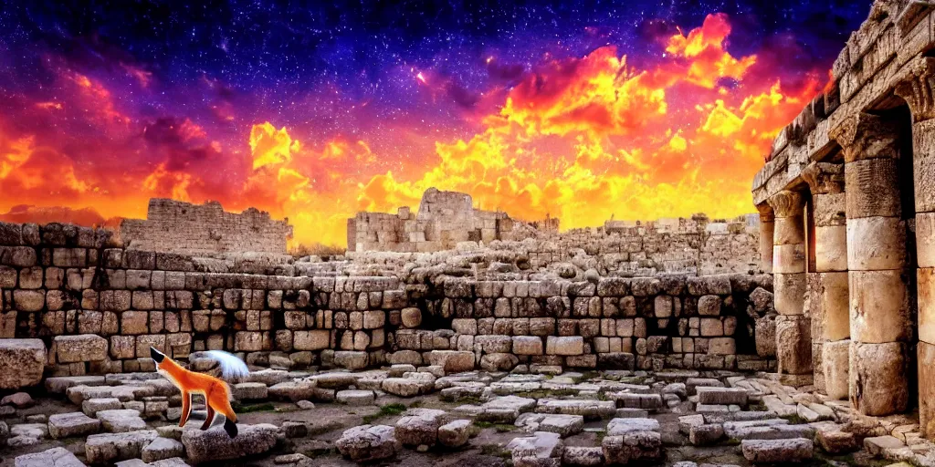 Prompt: a beautiful small fox in the huge ruins of the second temple in jerusalem, dreamy sky, the third temple hovers quietly hiding in the sky above, very colorful painting 8 k trending on art station, intricate superb details, digital art, cinematic lighting, volumetric lighting, photographic, blur bokeh defocus dof sky by afremov, award winning masterpiece.