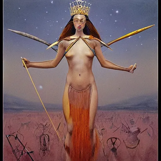 Image similar to Artemixel, the modern reincarnation of the old selenium god of hunt and moon (Selene), also known as Artemis, carrying the crown of the crescent moon. Golden bow and arrows surround her, and she is crowned by a bright and slightly bluish crescent like the brightness of the night. Portrait by Zdzislaw Beksinski, oil on canvas.