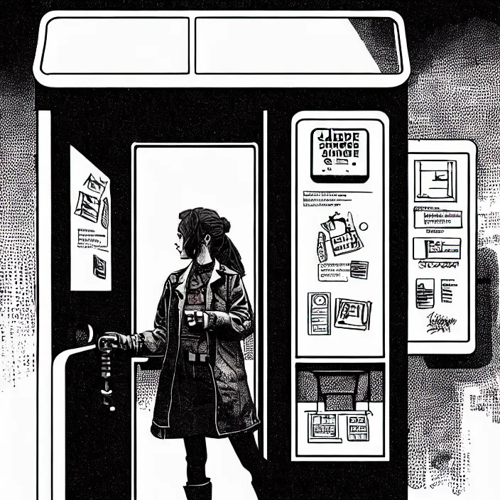 Prompt: sadie sink as a miner inside a minimalist steampunk automated kiosk booth considers food options to choose from. small room. wide angle lens. black and white, pencil and ink. scifi cyberpunk. by gabriel hardman, joe alves, chris bonura. cinematic atmosphere, detailed and intricate, perfect anatomy