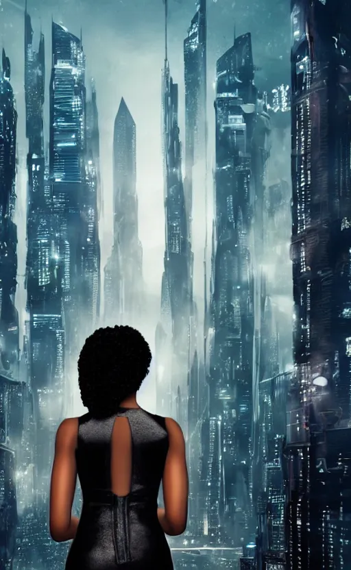 Image similar to an elegant Black woman in dress and heels, her back is to us, looking at a futuristic Blade Runner city,