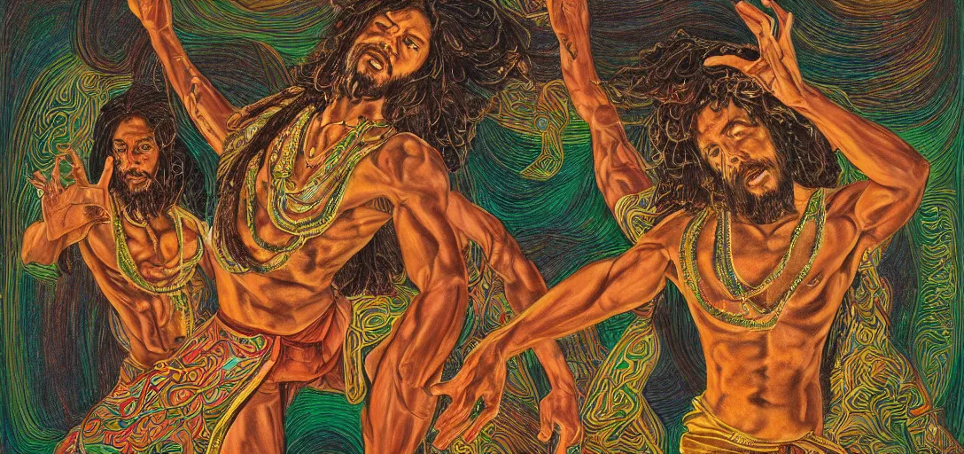 Image similar to an abstract spiritual background, portrait of a multiracial greek god dancing ecstatically, green eyes. 2 4 mm, photorealistic, muted color scheme, directed by mati klarwein and mat collishaw
