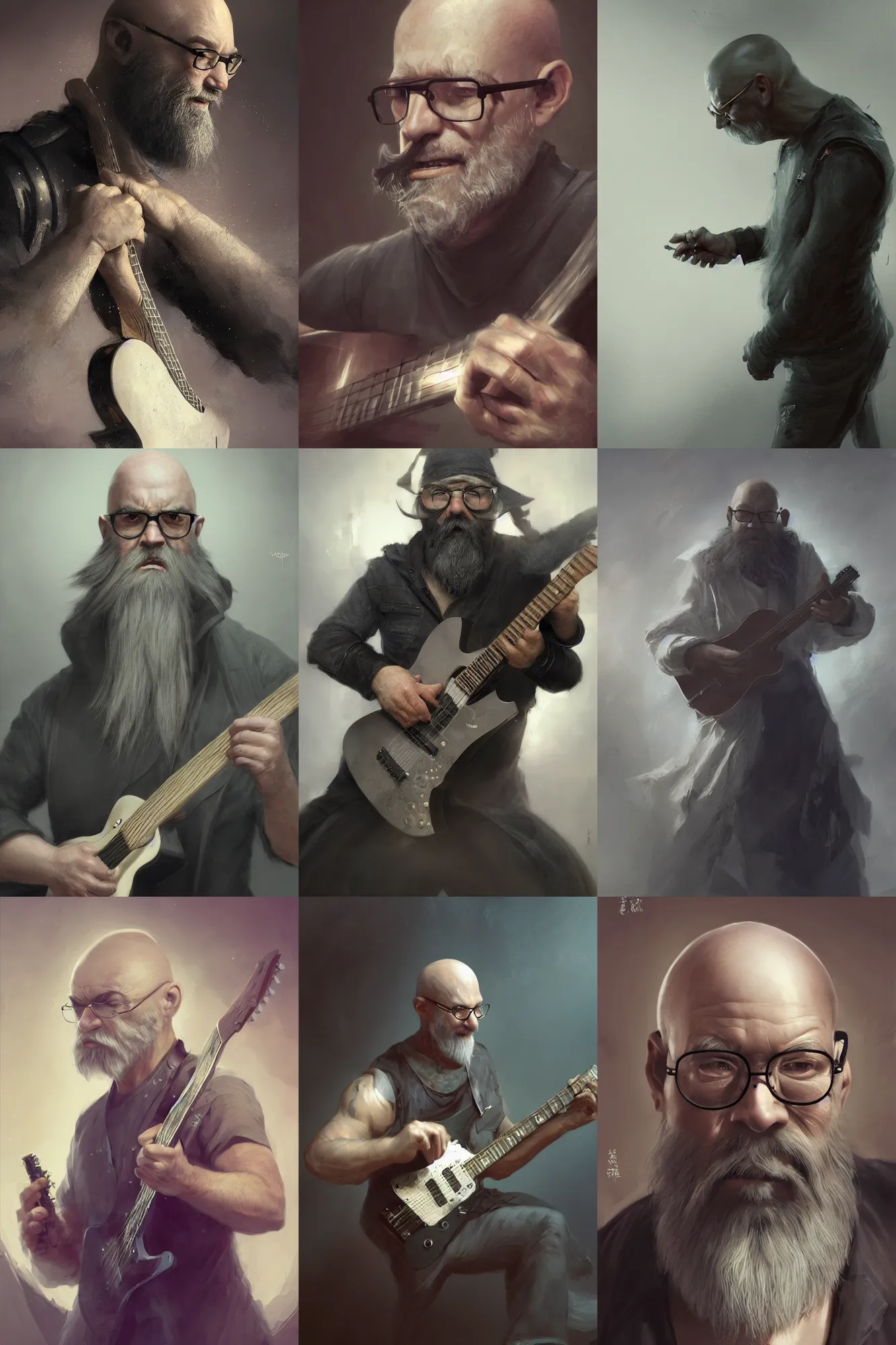 Prompt: a grumpy bald man with a long grey beard playing the guitar, small rectangular glasses, black clothing, 3 d render, hyper - realistic detailed portrait, ruan jia, wlop. scifi, fantasy, magic the gathering, hyper detailed, octane render, concept art, peter mohrbacher