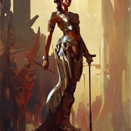 Image similar to splendid tall slavian queen warrior cyborg, mucha, ingres, greg rutkowski
