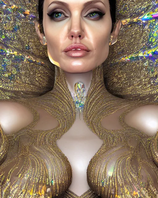 Image similar to a highly detailed metahuman 8 k close up render of angelina jolie renaissance in iris van herpen dress schiaparelli in diamonds crystals swarovski and jewelry iridescent in style of alphonse mucha gustav klimt trending on artstation made in unreal engine 4