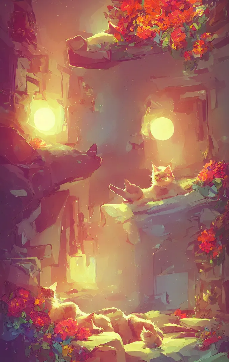 Image similar to a digital art of a cat sleeping in the room with flowers around in the afternoon, the sun shines in, animal, light effect, highly detailed, by anton fadeev