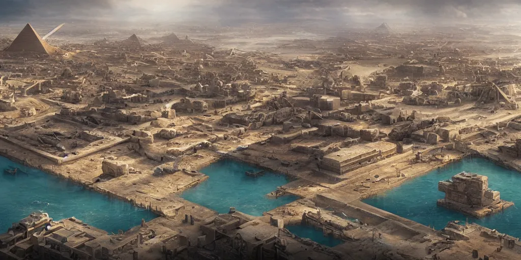 Image similar to beautiful matte painting of a egyptian city port by weta workshop 8 k, cinematic dramatic atmosphere, dramatic lighting