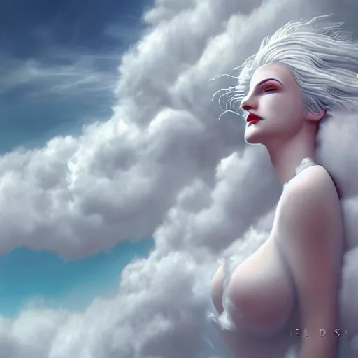 Prompt: goddess wearing a cloud fashion on the clouds, photoshop, colossal, creative, albino skin, giant, digital art, photo manipulation, clouds, covered in clouds, girl clouds, on clouds, covered by clouds, a plane flying, white hair, digital painting, artstation