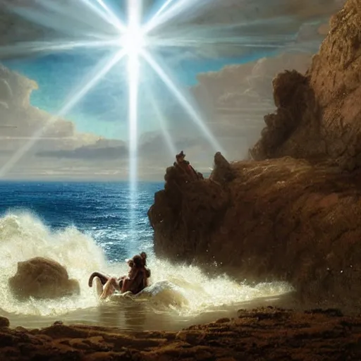 Image similar to a highly detailed tarot card of poseidon revealing himself, riding a horse out of the ocean woman sitting in the sand watching the ocean, epic fantasy, god rays, rocky beach, ultrawide lense, aerial photography, unreal engine, exquisite detail, 8 k, art by albert bierstadt and greg rutkowski and jeong seon