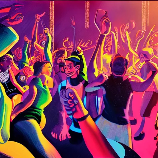 Image similar to young people in a fancy nightclub dancing and drinking, partylights, great colors, in the style of ernie barnes, trending on artstation