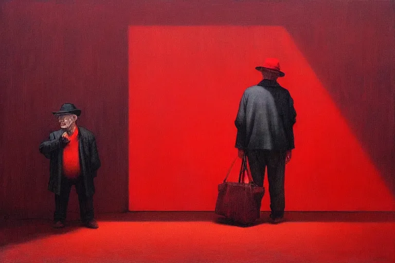 Image similar to only with red, a red old man try to sell a portrait, in a square, crowd goes crazy, in the style of beksinski, parts by edward hopper, parts by rodcenko, parts by yue minjun, intricate and epic composition, red by caravaggio, insanely quality, highly detailed, masterpiece, red light, artstation, 4 k