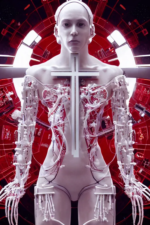 Image similar to space station interior white cross cross a statue jesus on cross made of red marble hands nailed to a cross perfect symmetrical body full body shot, inflateble shapes, wires, tubes, veins, jellyfish, white biomechanical details, wearing epic bionic cyborg implants masterpiece, intricate, biopunk, vogue, highly detailed, artstation, concept art, cyberpunk, octane render