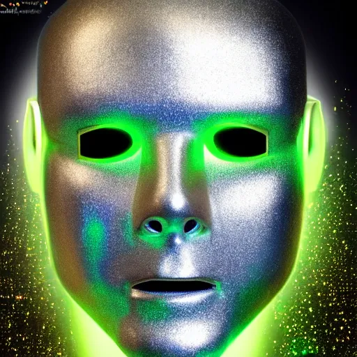 Prompt: front shot, head of a silver metallic shiny male humanoid robot, face has a tattoo of green glowing digital circuits, wearing a huge glowing blue and golden metallic maya sparkling diadem with blue cables and shiny metallic gears, white background, studio lighting, - c 1 3 - w 1 0 2 4 - h 1 0 2 4 - n 4 - s 1 5 0