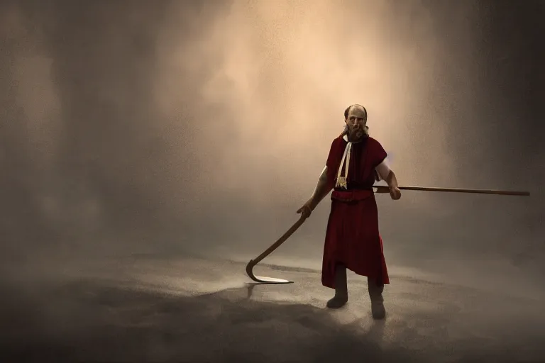 Prompt: theatre stage, romanian man in traditional romanian clothing with scythe, people, traditional romanian clothing, concept art, dramatic lighting, beautiful, volumetric lighting, colorful, octane render