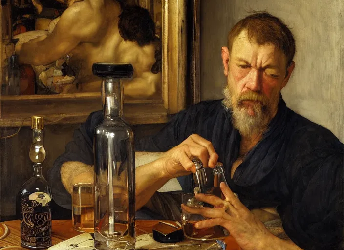 Image similar to an exhausted painter in his studio with a bottle of whisky painting a self portrait, by edgar maxence and caravaggio and michael whelan and delacroix style, artistic, intricate drawing, cinematic lighting, hyper realistic, extremely detailed, establishing shot, 8 k resolution, dramatic lighting