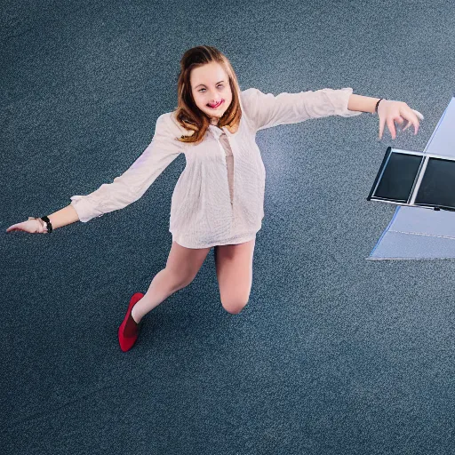 Prompt: film still of stylish girl dancing on school desk, tilted frame, 3 5 °, dutch angle, high quality, cinematography, award winning photo, focous