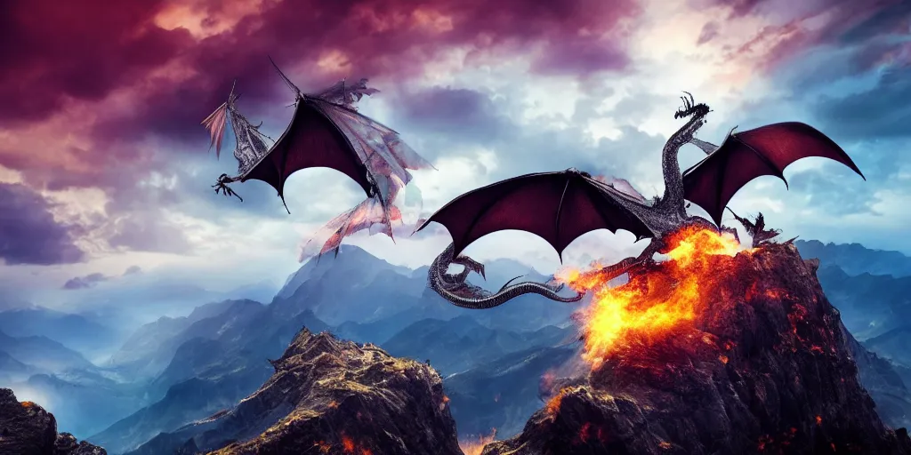 Prompt: A single dragon with half open wings breathing fire standing on the top of a mountain, epic composition, detailed and intricate image, cinematic, 4K