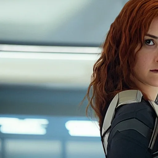 Image similar to A still of Shailene Woodley as Black Widow in Iron Man 2 (2010), close-up