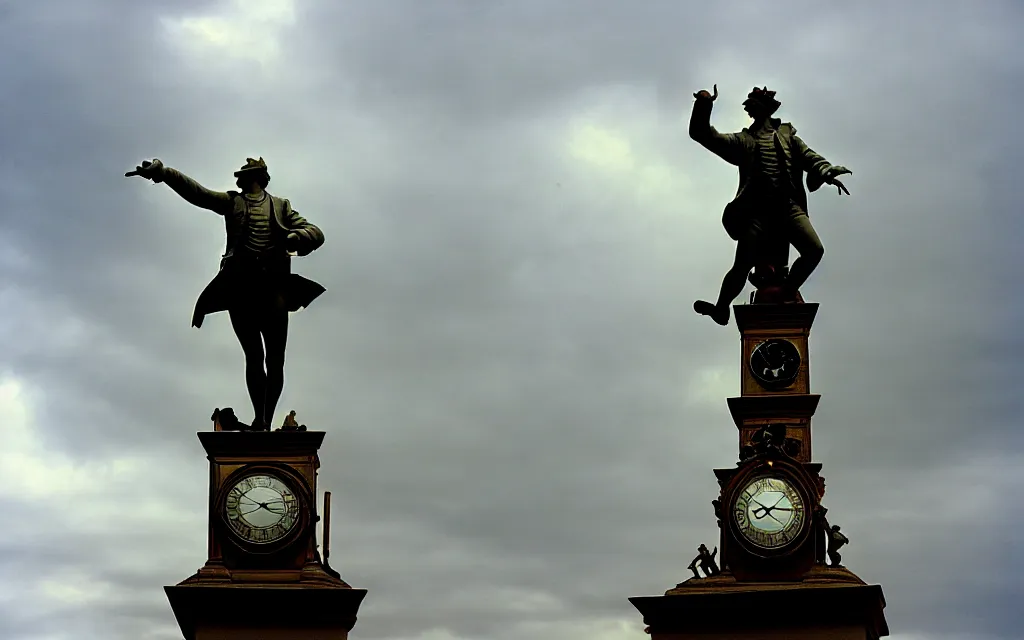 Prompt: a statue of a man standing on top of a clock, a flemish baroque by henry macbeth - raeburn, flickr, rococo, rococo, flemish baroque, sabattier filter
