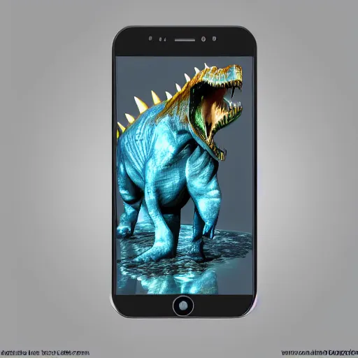 Image similar to photography, 3 d render, cellphone mixed with dinosaur, water,