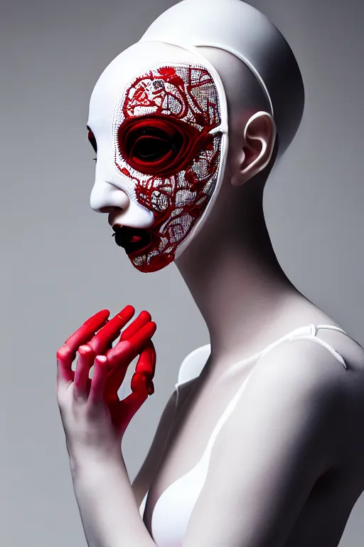 Prompt: symmetrical portrait of a woman wearing a red embroidered translucent silicone mask and black frizzy hair buns, wearing a white bodysuit by alexander mcqueen, white background, soft diffused light, biotechnology, futuristic aesthetic, translucent, ethereal, intricate details, highly detailed, masterpiece,