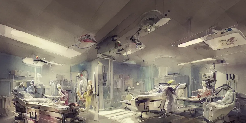 Prompt: a beautiful insanely intricate watercolor illustration of modern hospital operating room, reflexions, colorfull, by william turner art, by greg rutkowski, by james jean, by rossdraws, by frank franzzeta, by sakimichan, by edmund dulac, trending on artstation, insanely detailed, masterpiece,