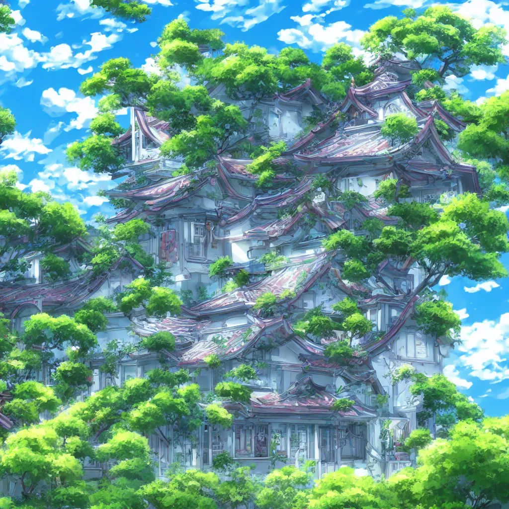 Image similar to a house with a beautiful garden and a blue sky with clouds in anime style, in the style of Lampbo Chun on ArtStation and Son Rice on ArtStation, 4k,