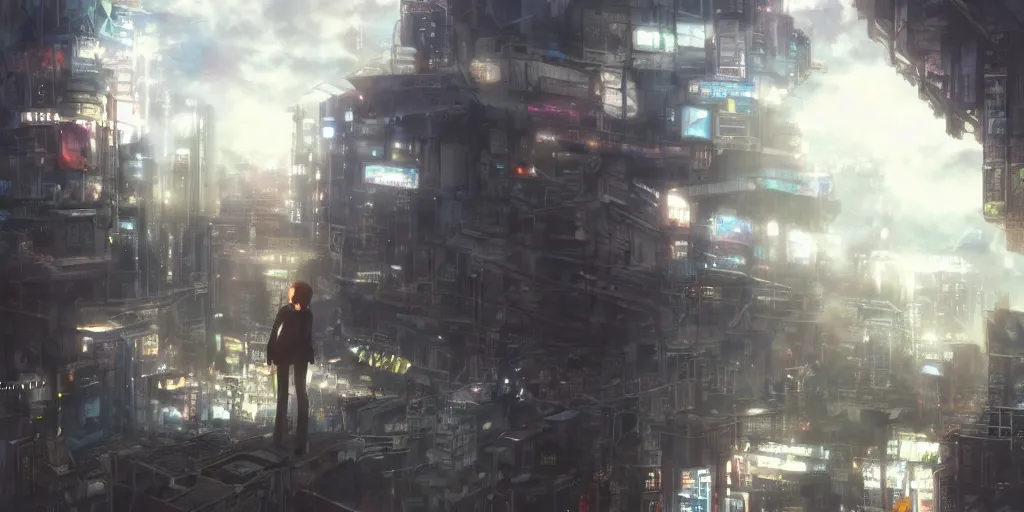 Prompt: wide shot, photorealistic art of lain irakuwa in the clouds above a cyberpunk, punk and steampunk city concept, dynamic lighting, hyper realistic, cinematic, realism