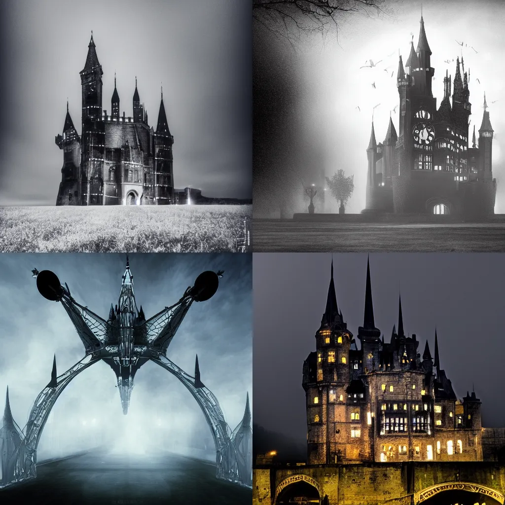 Prompt: futuristic gothic castle made of steel hovering in the air. midnight. mist. energetic. foreboding.