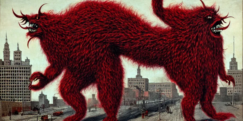 Prompt: a red hairy mysterious crptid devil monster on the streets of Detroit in the 1880's artwork by Ivan Albright