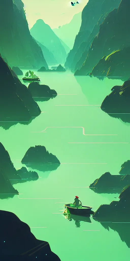 Image similar to by moebius and atey ghailan | a bright green river with clear crystal boats moving up and down it |