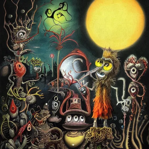 Prompt: tim burton and dr seuss dark surrealism painting., detailed, elegant, intricate, 4 k, renaissance painting