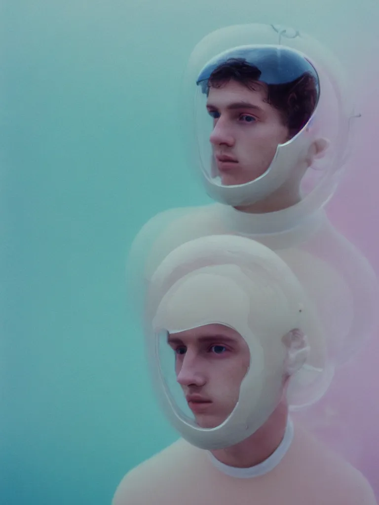 Image similar to high quality pastel coloured film portrait photograph of a beautiful young 2 0 year old male, soft facial features, short hair, perspex space helmet and oversized inflated clothing!! icelandic black rock pool environment. atmospheric three point light. photographic. art directed. ( pastel colours ). volumetric. clearcoat. waves. 8 k. filmic.