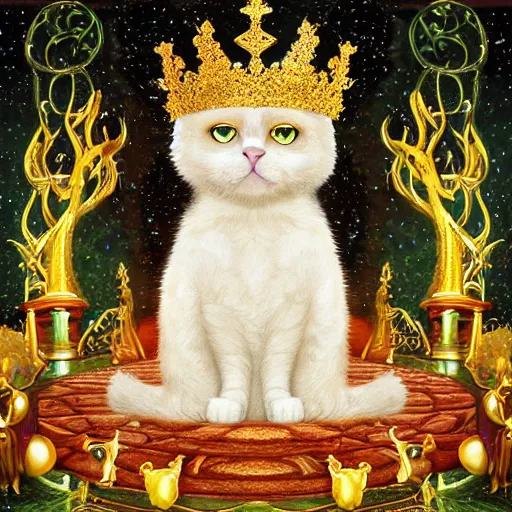 Prompt: Cat deity, fat figure,Cute, elegant, furry, white, gold, warm, wearing a crown, bracelets and necklaces, red carpet, figure, realistic, hair detailing, background is heavenly,wonderland at night, The light in the deep forest full of mythical creatures of the picture, according to European art, Golden Sacred Tree, Golden Apple, Flower Garden,Hyper realistic render. Den noise. Volumetric Lighting. Dynamitc Lighting. Unreal Engine. octane. Hyper Cinematic lighting. 21:9