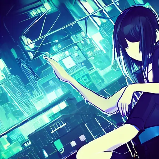 Image similar to Frequency indie album cover, luxury advertisement, blue filter, blue and black colors. Clean and detailed post-cyberpunk sci-fi close-up schoolgirl in asian city in style of cytus and deemo, blue flame, relaxing, calm and mysterious vibes, by Tsutomu Nihei, by Yoshitoshi ABe, by Ilya Kuvshinov, by Greg Tocchini, nier:automata, set in half-life 2, GITS, Blade Runner, Neotokyo Source, Syndicate(2012), dynamic composition, beautiful with eerie vibes, very inspirational, very stylish, with gradients, surrealistic, dystopia, postapocalyptic vibes, depth of field, mist, rich cinematic atmosphere, perfect digital art, mystical journey in strange world, beautiful dramatic dark moody tones and studio lighting, shadows, bastion game, arthouse