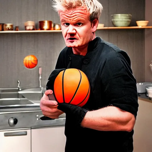 Prompt: angry!! gordon ramsey eating a basketball, tv still