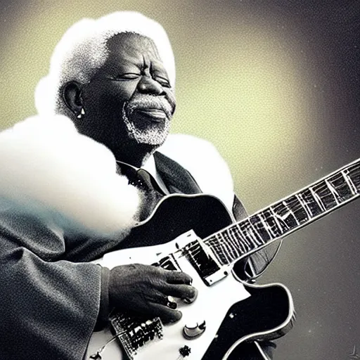 Image similar to b. b king, sitting in a fluffy cloud, playing an electric semi - hollow guitar. beautiful realistic digital art, dramatic, moody