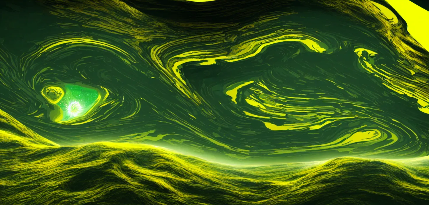 Image similar to a painting of a green and yellow swirl in the middle of a mountain, a computer rendering by mike winkelmann, shutterstock contest winner, nuclear art, tesseract, apocalypse art, concept art