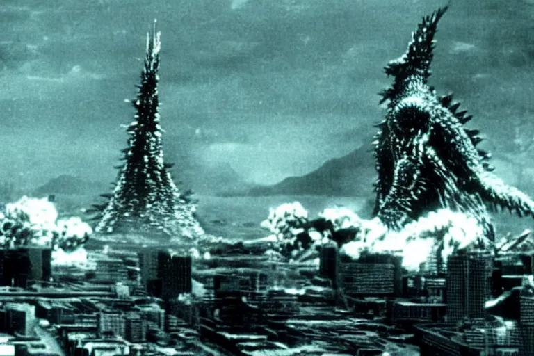 Prompt: a filmstill of Kim Jong-il and a Starro Kaiju monster destroying Pyongyang, in Godzilla (1954) by Ishirō Honda, traditional Korean city, palace, epic ultrawide shot, cinémascope