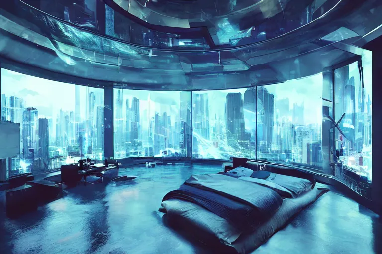 Prompt: a futuristic bedroom with large curved ceiling high windows looking out to a far future cyberpunk cityscape, cyberpunk neon lights, raining, scifi