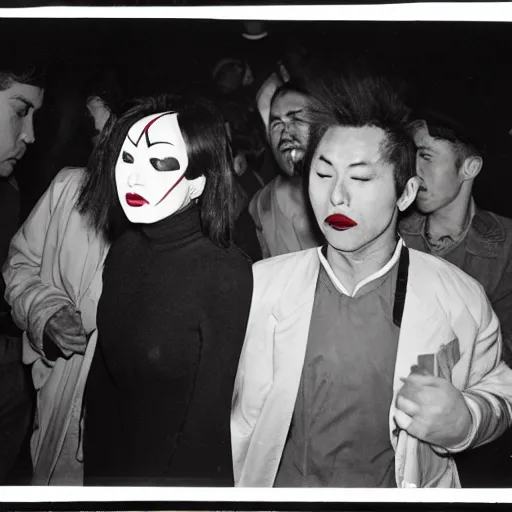 Prompt: Street photography, a close up of several people leaving a seedy nightclub at 5am, they are smoking, someone is screaming, Kabuki makeup, Kodachrome