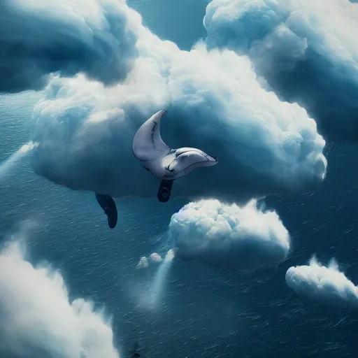 Prompt: flying whales in the clouds, extremely detailed, behrens style, unreal 5 render, fantasy digital art, octane render, dramatic lighting, beautiful composition, trending on artstation, award - winning photograph, masterpiece