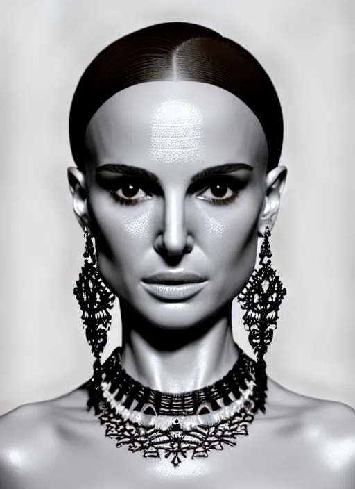 Prompt: 3 d printed model of an absurdly beautiful, graceful, sophisticated, fashionable woman, natalie portman, facial tattoos, in the style of irakli nadar and alexandre ferra and popovy sisters, intricate linework, white porcelain skin, faberge, intricate chrome chains, dark atmosphere, unreal engine 5 highly rendered, global illumination, radiant light, detailed and intricate environment