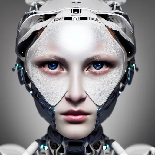 Prompt: beautiful centered fine art photo portrait of romantic beautiful girl as a solarpunk robotic humanoid, white mechanical parts with led lights, bouguereau style pose, photorealistic, white background, highly detailed and intricate, soft box lighting, hdr 8 k