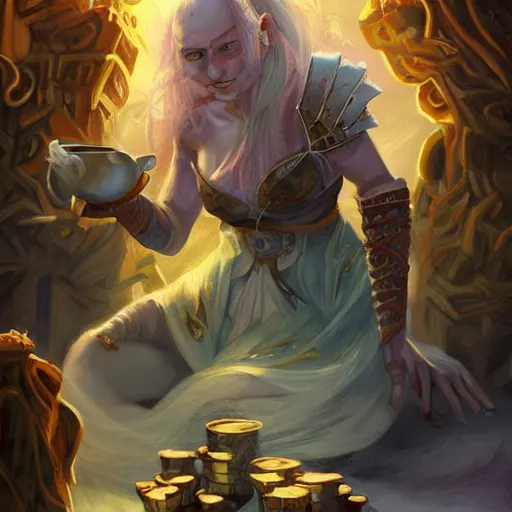 Prompt: 8k highly detailed fantasy illustration by Anato Finnstark of a female giantess character from Dungeons and Dragons, she has pale blue skin!!!, bald shaved head!!!, dressed like a warrior monk, she is seated in a crowded tavern drinking large mugs of mead, she has white eyes!!!, gambling with friends-g