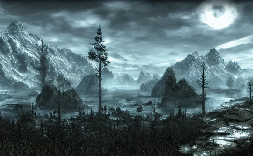 Prompt: the most beautiful scene in Skyrim, anime scenery concept art, 4k