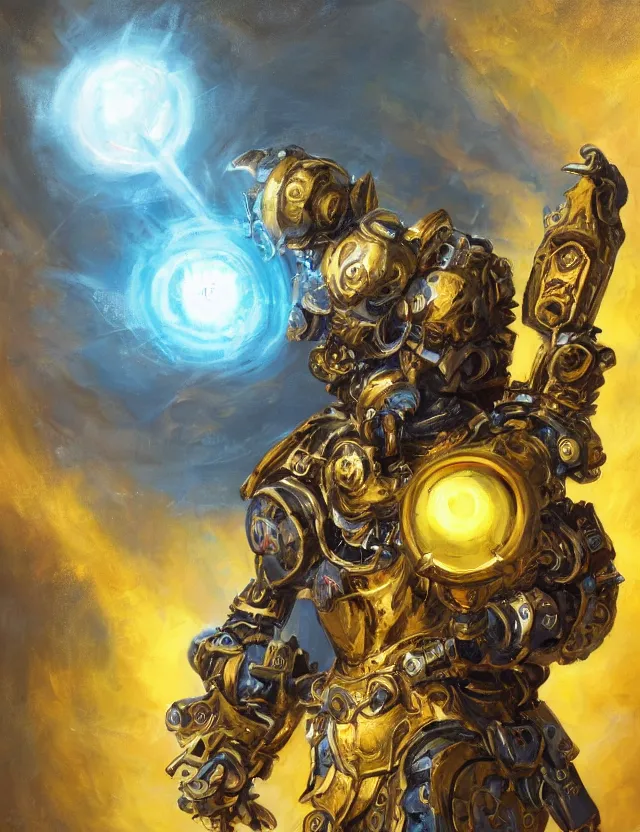 Prompt: full body, attack position abstract painting in lush fantasy environment of a ornate holy mechanical warforged with circular glowing eye, character in yellow armor holding a legendary paladin engraved holy great longsword and carrying a huge heavy paladin shield, vertically flat head, face in focus, epic , trending on ArtStation, masterpiece, cinematic lighting, by Delphin Enjolras and by Ruan Jia and by Greg Rutkowski