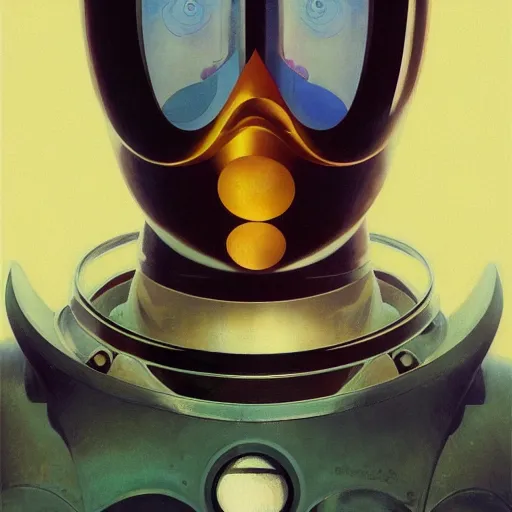 Image similar to portrait headshot of sci fi human explorer, melancholic complex flat geometric minimalism by oskar schlemmer, moebius, john berkey, oil on canvas, portrait facial head, featured on artstation, hd wallpaper, anime art nouveau cosmic display